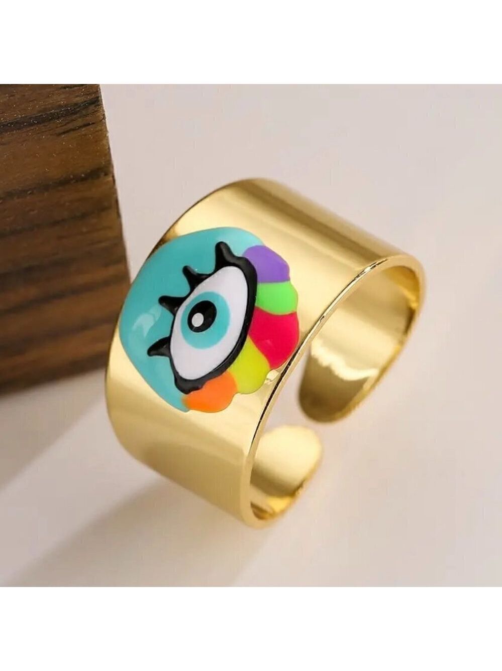 Boho Evil Eye Enamel and Copper Adjustable Ring #1300 NEON GREEN - Picture 12 of 14